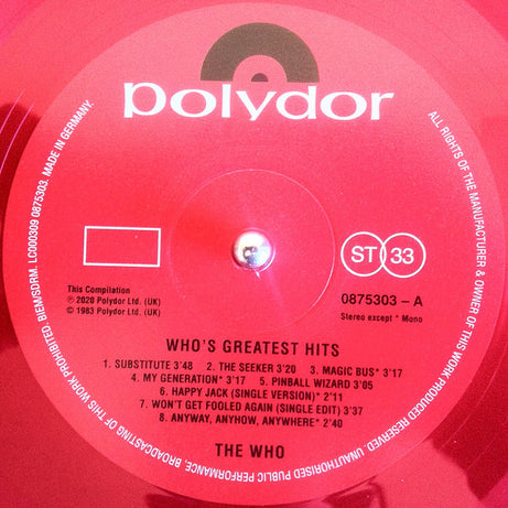 Who* : Who's Greatest Hits (LP, Comp, Mono, Ltd, RE, RM, Red)