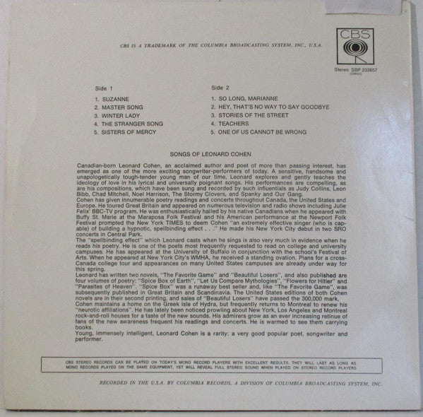 Leonard Cohen : Songs Of Leonard Cohen (LP, Album, RE, Sun)