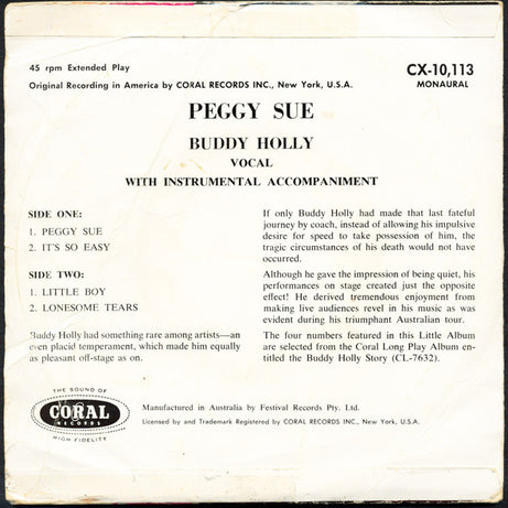 Buddy Holly : Peggy Sue (7", EP, M/Print)