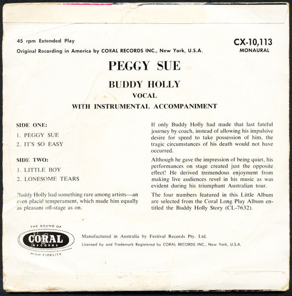 Buddy Holly : Peggy Sue (7", EP, M/Print)