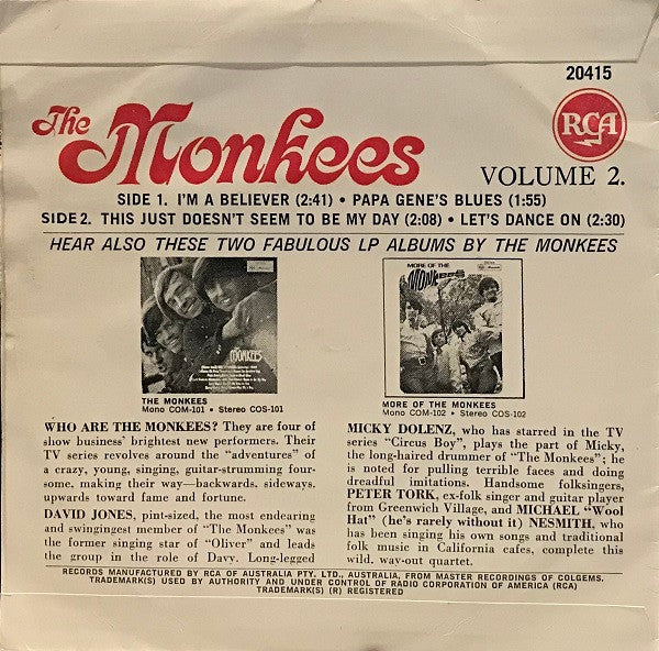 The Monkees : The Monkees Volume 2 (7", EP, Mono, RP)