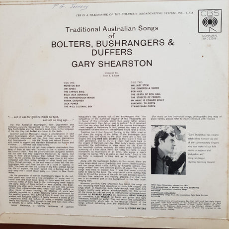 Gary Shearston : Traditional Australian Songs Of Bolters, Bushrangers & Duffers (LP, Album, Mono)