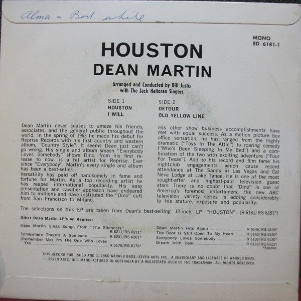 Dean Martin With The Jack Halloran Singers : Houston (7", EP, Mono, RE)