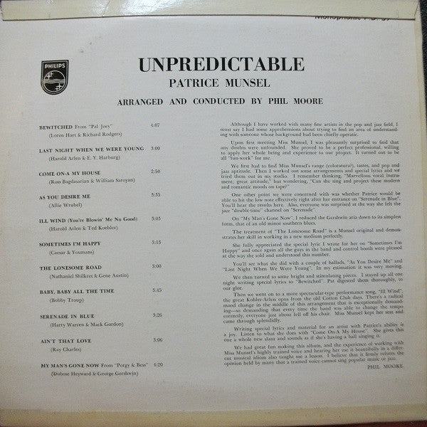 Patrice Munsel With Phil Moore And His Orchestra : Unpredictable (LP, Album, Mono)