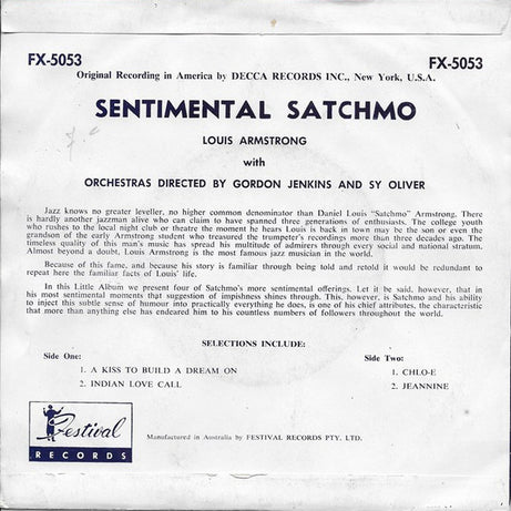 Louis Armstrong With Orchestras Directed By Directed By Gordon Jenkins And Sy Oliver : Sentimental Satchmo (7", EP)