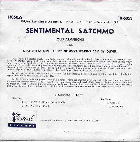 Louis Armstrong With Orchestras Directed By Directed By Gordon Jenkins And Sy Oliver : Sentimental Satchmo (7", EP)