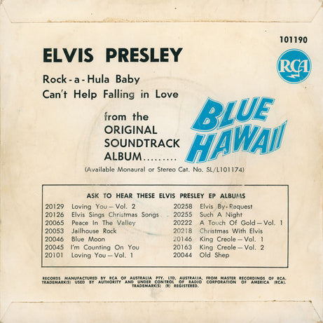 Elvis Presley With The Jordanaires : Can't Help Falling In Love (7", Single, Juk)