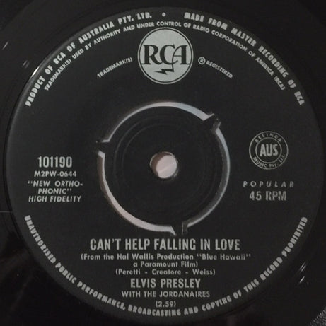Elvis Presley With The Jordanaires : Can't Help Falling In Love (7", Single, Juk)