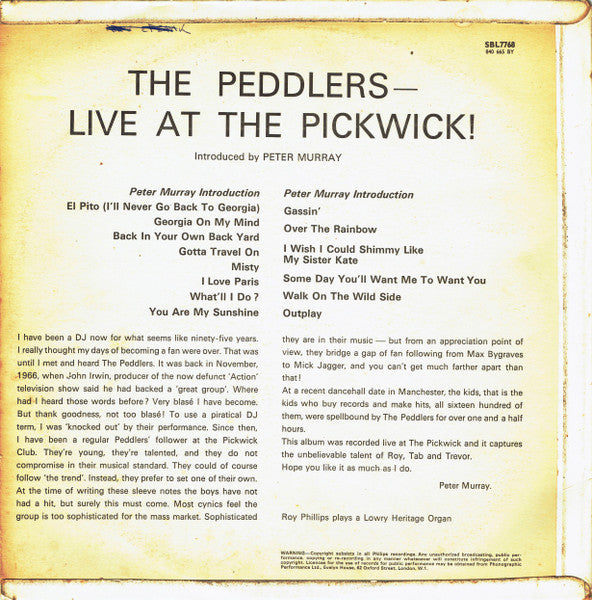The Peddlers : Live At The Pickwick! (LP, Album, Fli)