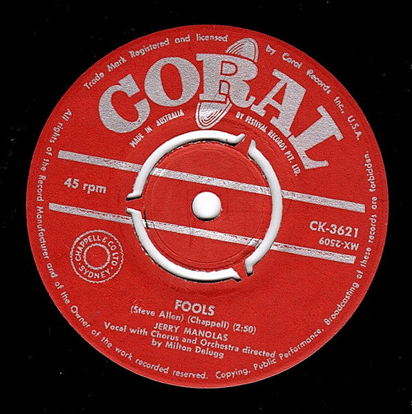 Jerry Manolas : Fools / Midnight Dream (7", Single, 3 P)