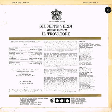 Giuseppe Verdi / Robert Merrill, Gabriella Tucci, Giulietta Simionato, Franco Corelli , Etc.,  Coro Del Teatro Dell'Opera Di Roma & Orchestra Del Teatro Dell'Opera Di Roma , Conducted By Thomas Schippers : Highlights From Il Trovatore (LP, Album, Club)