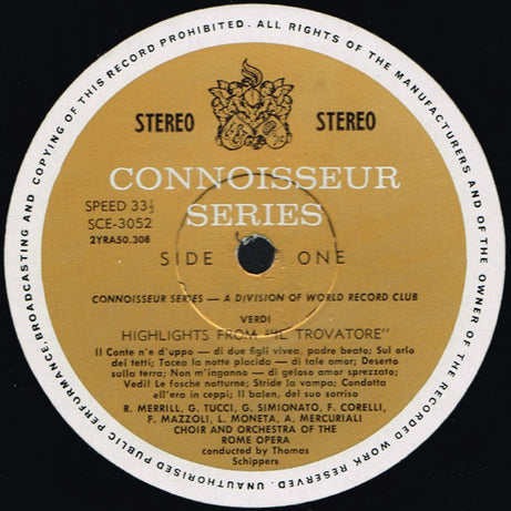 Giuseppe Verdi / Robert Merrill, Gabriella Tucci, Giulietta Simionato, Franco Corelli , Etc.,  Coro Del Teatro Dell'Opera Di Roma & Orchestra Del Teatro Dell'Opera Di Roma , Conducted By Thomas Schippers : Highlights From Il Trovatore (LP, Album, Club)