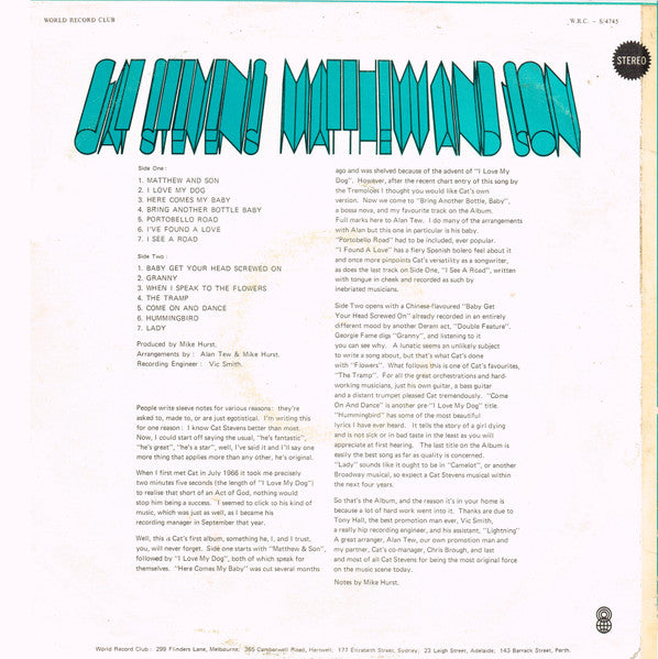 Cat Stevens : Matthew And Son (LP, Album, Club, RE)