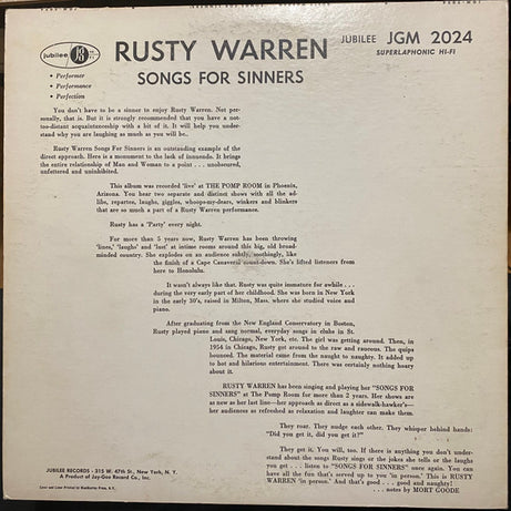 Rusty Warren : Songs For Sinners (LP, Album, Mono, Blu)