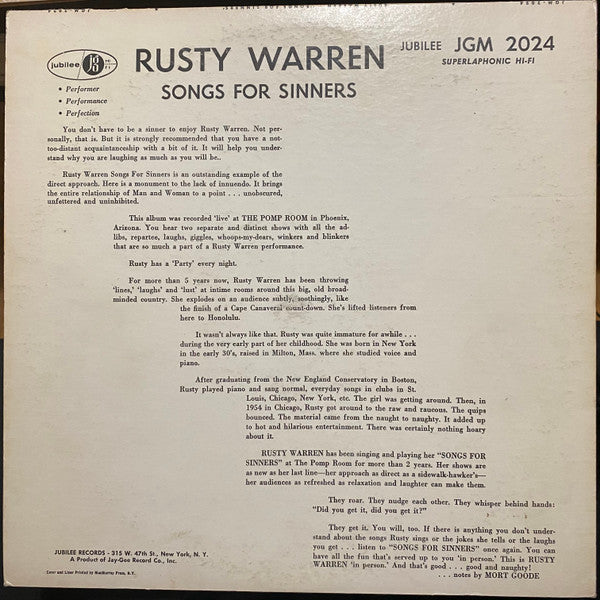 Rusty Warren : Songs For Sinners (LP, Album, Mono, Blu)