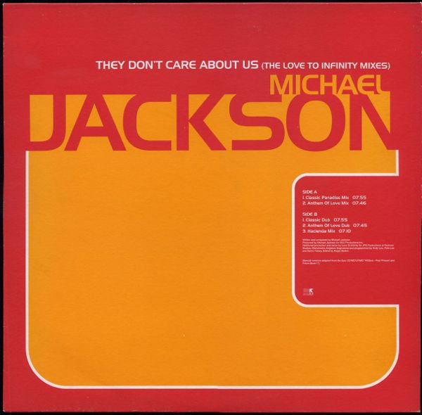 Michael Jackson : They Don't Care About Us (The Love To Infinity Mixes) (12", Promo)