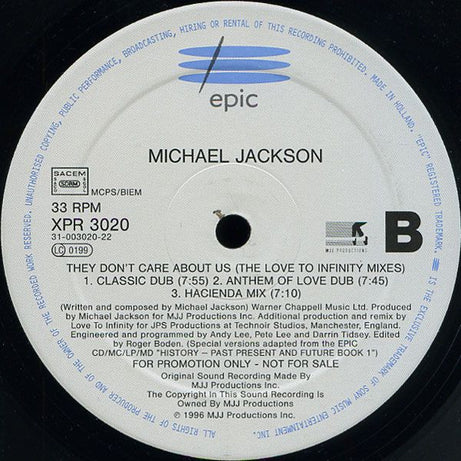 Michael Jackson : They Don't Care About Us (The Love To Infinity Mixes) (12", Promo)