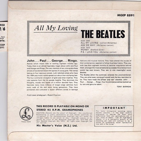 The Beatles : All My Loving (7", EP, Mono)