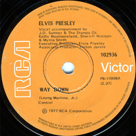 Elvis Presley : Way Down (7", Single)