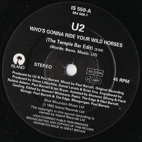 U2 : Who's Gonna Ride Your Wild Horses (7", Single, Pap)