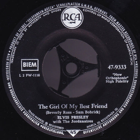 Elvis Presley With The Jordanaires : The Girl Of My Best Friend (7", Single, RP)