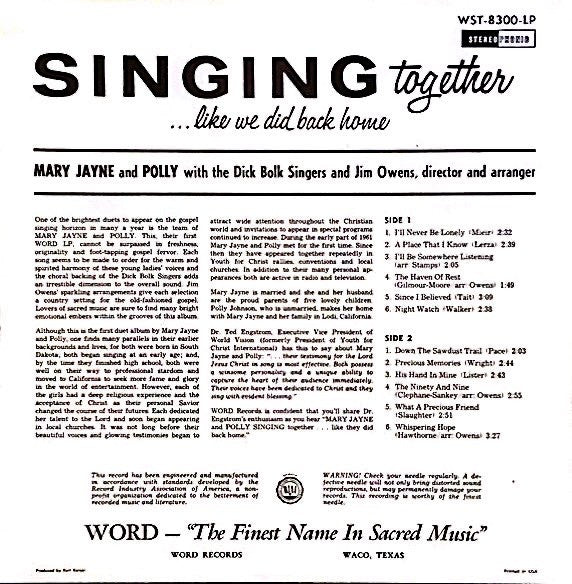 Mary Jayne Gaetke And Polly Johnson (2) : Singing Together ...Like We Did Back Home (LP, Album)
