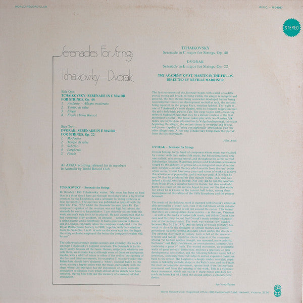 Pyotr Ilyich Tchaikovsky / Antonín Dvořák, The Academy Of St. Martin-in-the-Fields, Sir Neville Marriner : Serenades For Strings (LP, Comp, Club, RE)