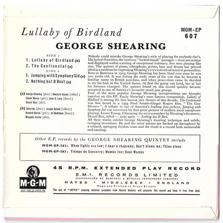 The George Shearing Quintet : Lullaby Of Birdland (7", EP)