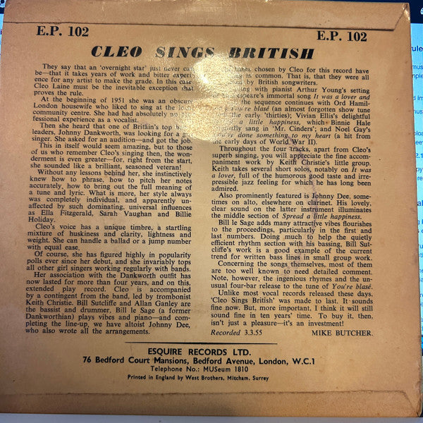 Cleo Laine Accompanied By Keith Christie Quintet : Cleo Sings British (7", EP)
