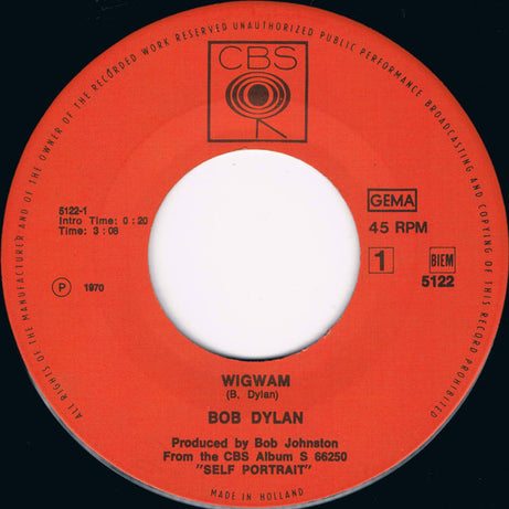 Bob Dylan : Wigwam (7", Single)
