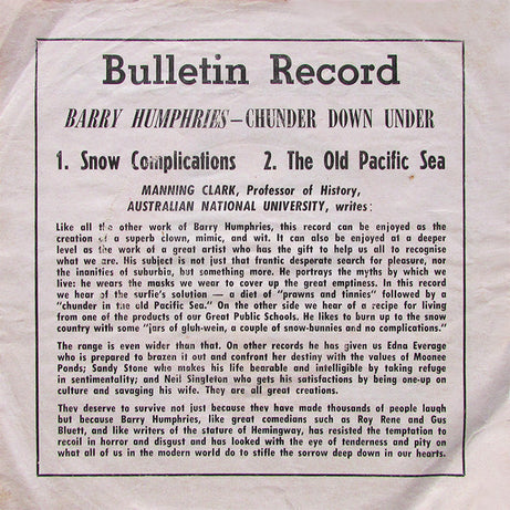 Barry Humphries : Bulletin Records Present Chunder Down Under (7")