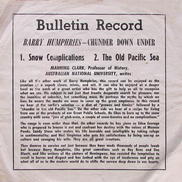 Barry Humphries : Bulletin Records Present Chunder Down Under (7")