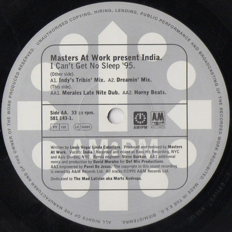 Masters At Work Present India : I Can't Get No Sleep '95 (Masters At Work / David Morales Mixes) (12", 2 o)