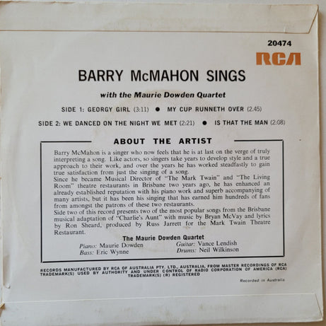 Barry McMahon With The Maurie Dowdon Quartet : Barry McMahon Sings (7", EP)