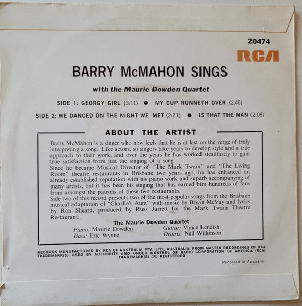 Barry McMahon With The Maurie Dowdon Quartet : Barry McMahon Sings (7", EP)