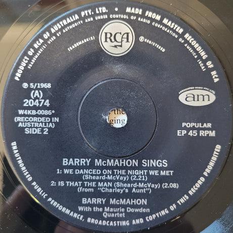 Barry McMahon With The Maurie Dowdon Quartet : Barry McMahon Sings (7", EP)