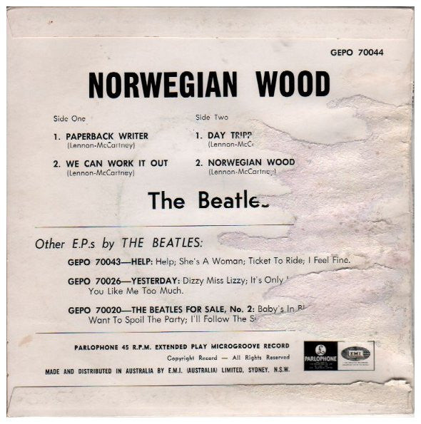 The Beatles : Norwegian Wood (7", EP, Mono, RP)