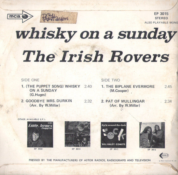 The Irish Rovers : Whiskey On A Sunday (7", EP)