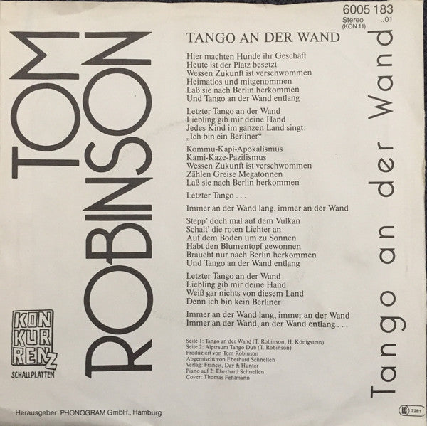 Tom Robinson : Tango An Der Wand (7", Single)