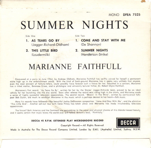 Marianne Faithfull : Summer Nights (7", EP, Mono)