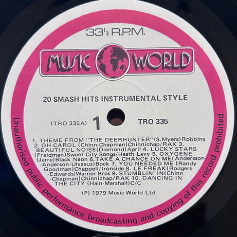 Unknown Artist : 20 Smash Hits Instrumental Style (LP, Album)