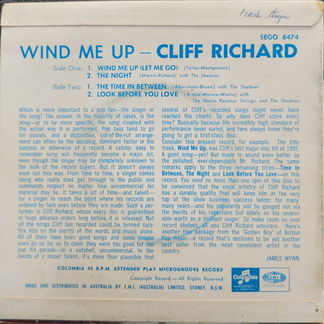 Cliff Richard : Wind Me Up (7", EP, Mono)
