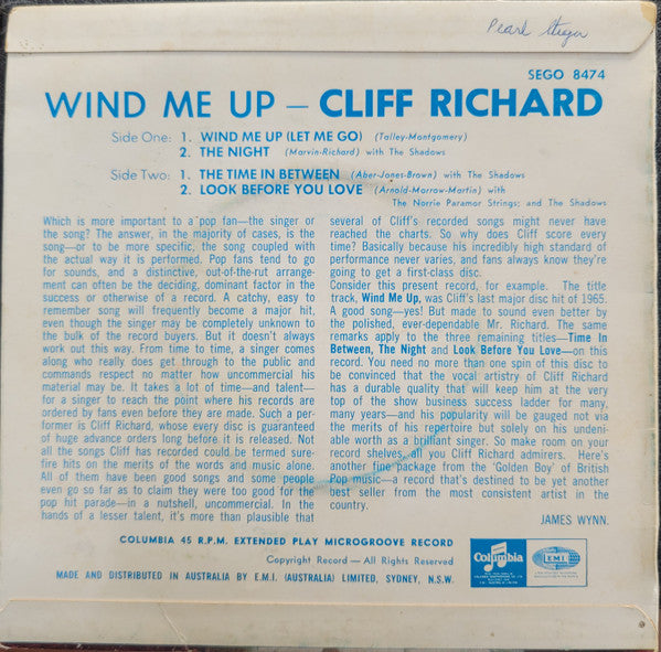 Cliff Richard : Wind Me Up (7", EP, Mono)