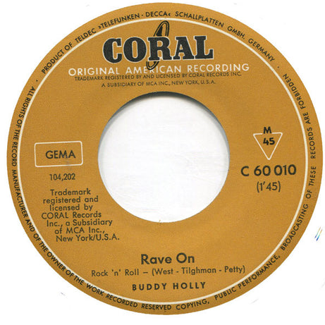 Buddy Holly : Rave On (7", Single, Mono)
