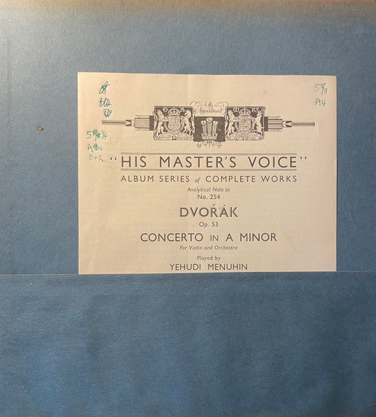 Dvorak* - Yehudi Menuhin And The Orchestre De La Societe Des Concerts Du Conservatoire* Conducted By Georges Enesco* : Concerto In A Minor (Violin And Orchestra), Op. 53 (4xShellac, 12", Album)
