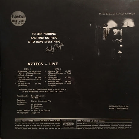 Billy Thorpe And The Aztecs : Live (LP)