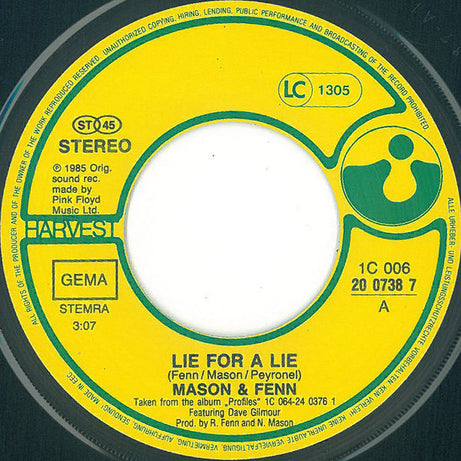 Nick Mason + Rick Fenn Featuring David Gilmour : Lie For A Lie (7", Single)
