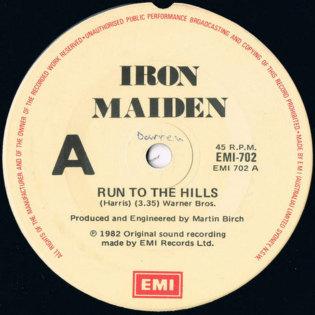 Iron Maiden : Run To The Hills (7", Single)