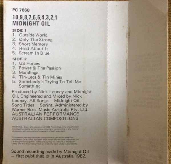 Midnight Oil : 10, 9, 8, 7, 6, 5, 4, 3, 2, 1 (Cass, Album)