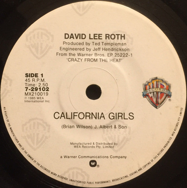 David Lee Roth : California Girls (7", Single)